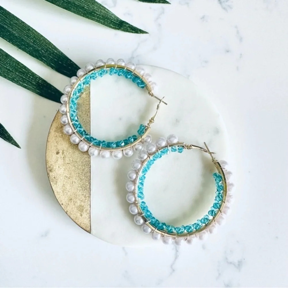 2/$30🌵 Faux Pearl & Blue Beads Gold Tone Hoop Earrings Boho Bohemian Jewelry